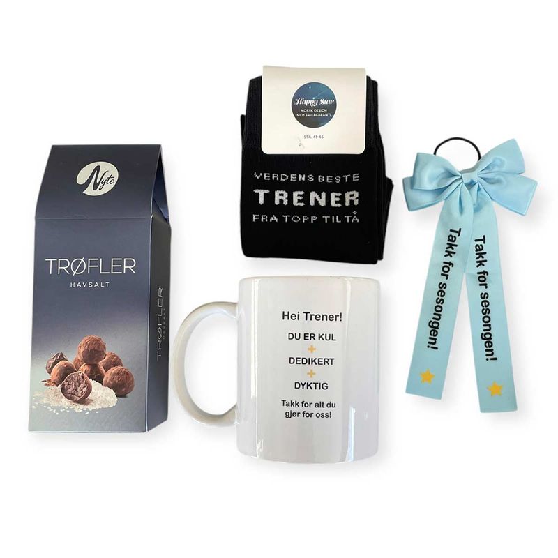 Gavepakke 'Hei trener' med strømper og sjokoladetrøfler
