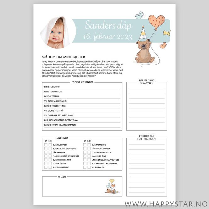 Hovedbilde Spådomsark personlig tekst dåp (gutt)