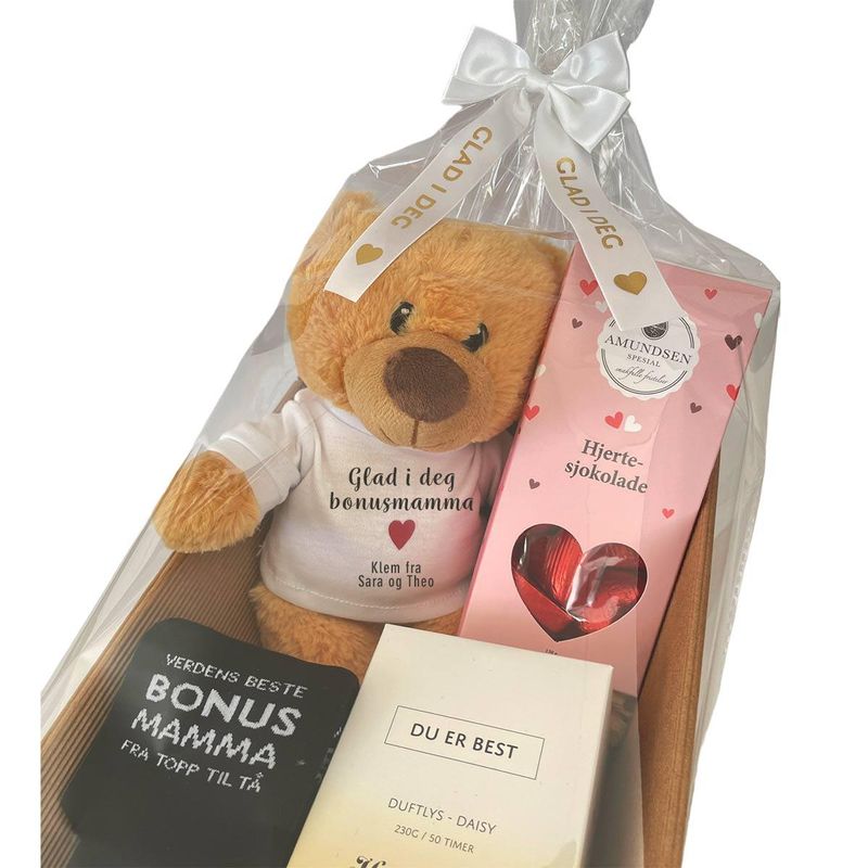 Gavekurv til bonusmamma med personlig bamse - skriv din egen hil