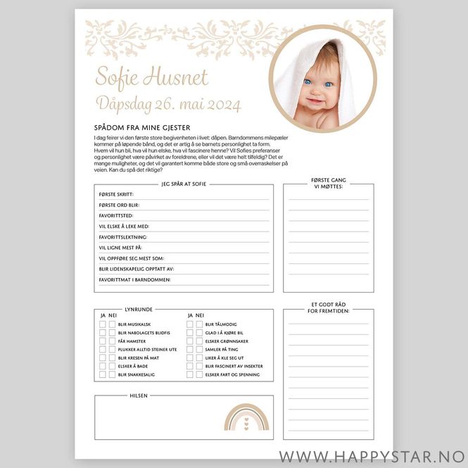 Hovedbilde Spådomsark beige med personlig tekst dåp (unisex)