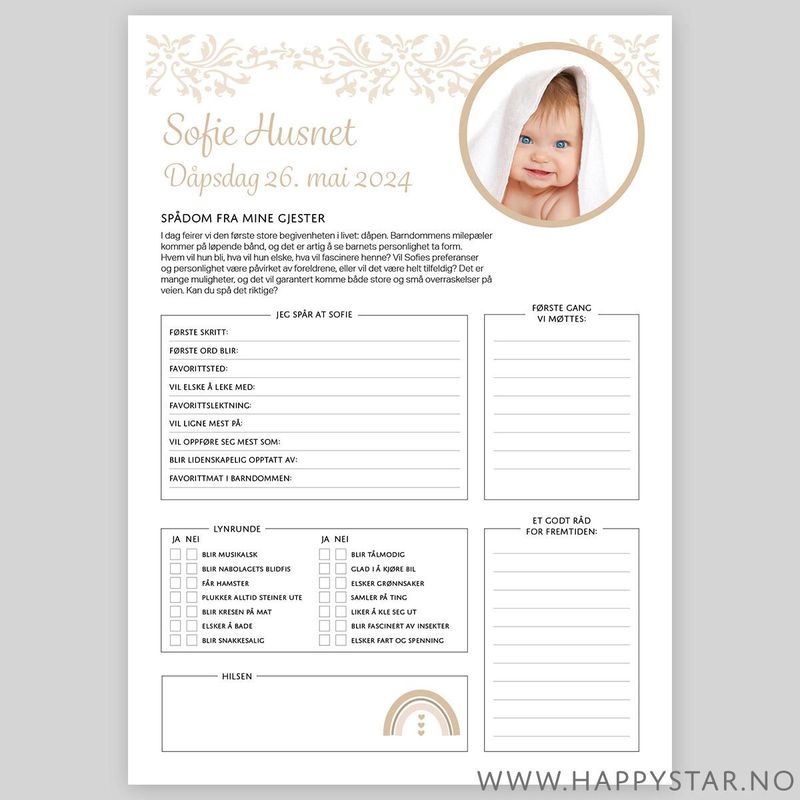 Spådomsark beige med personlig tekst dåp (unisex)