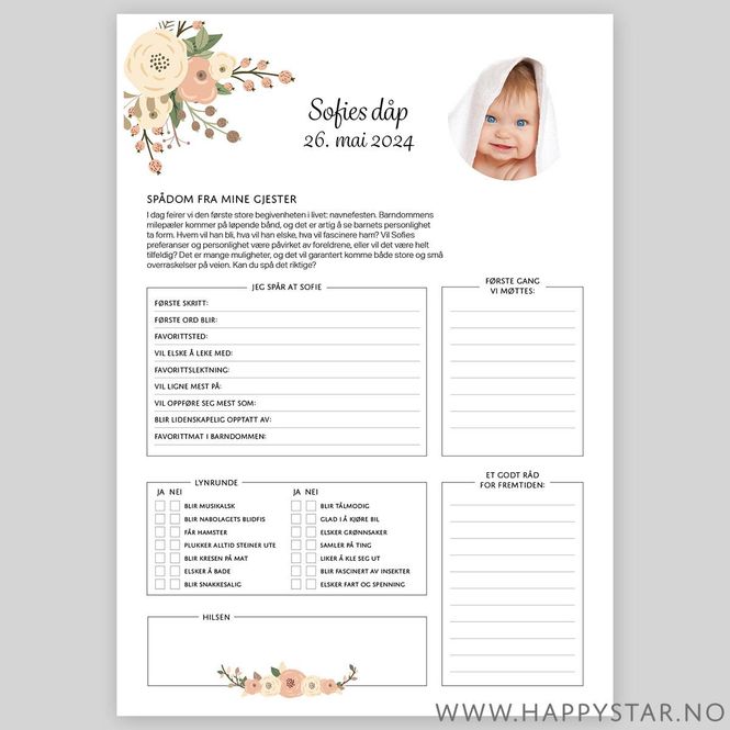 Hovedbilde Spådomsark fersken med personlig tekst dåp