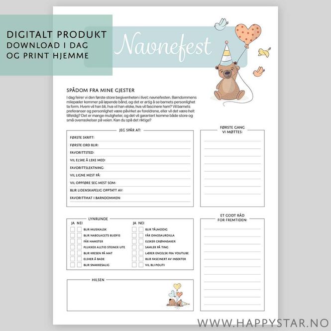 Hovedbilde Spådomsark navnefest (gutt) - Digital PDF