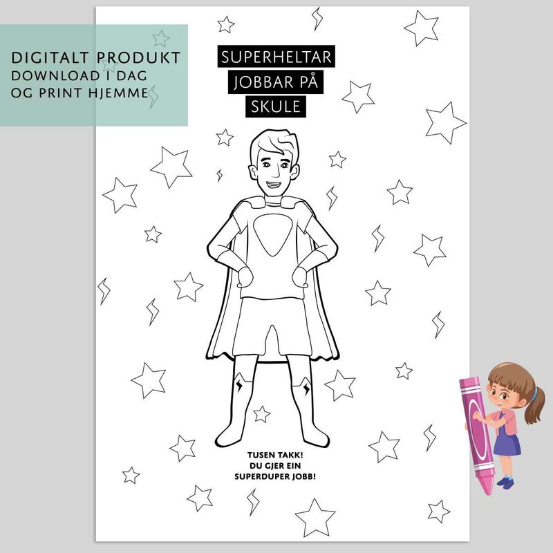 Gavepapir: Nynorsk - Superhelt Skule Mann - Digital PDF